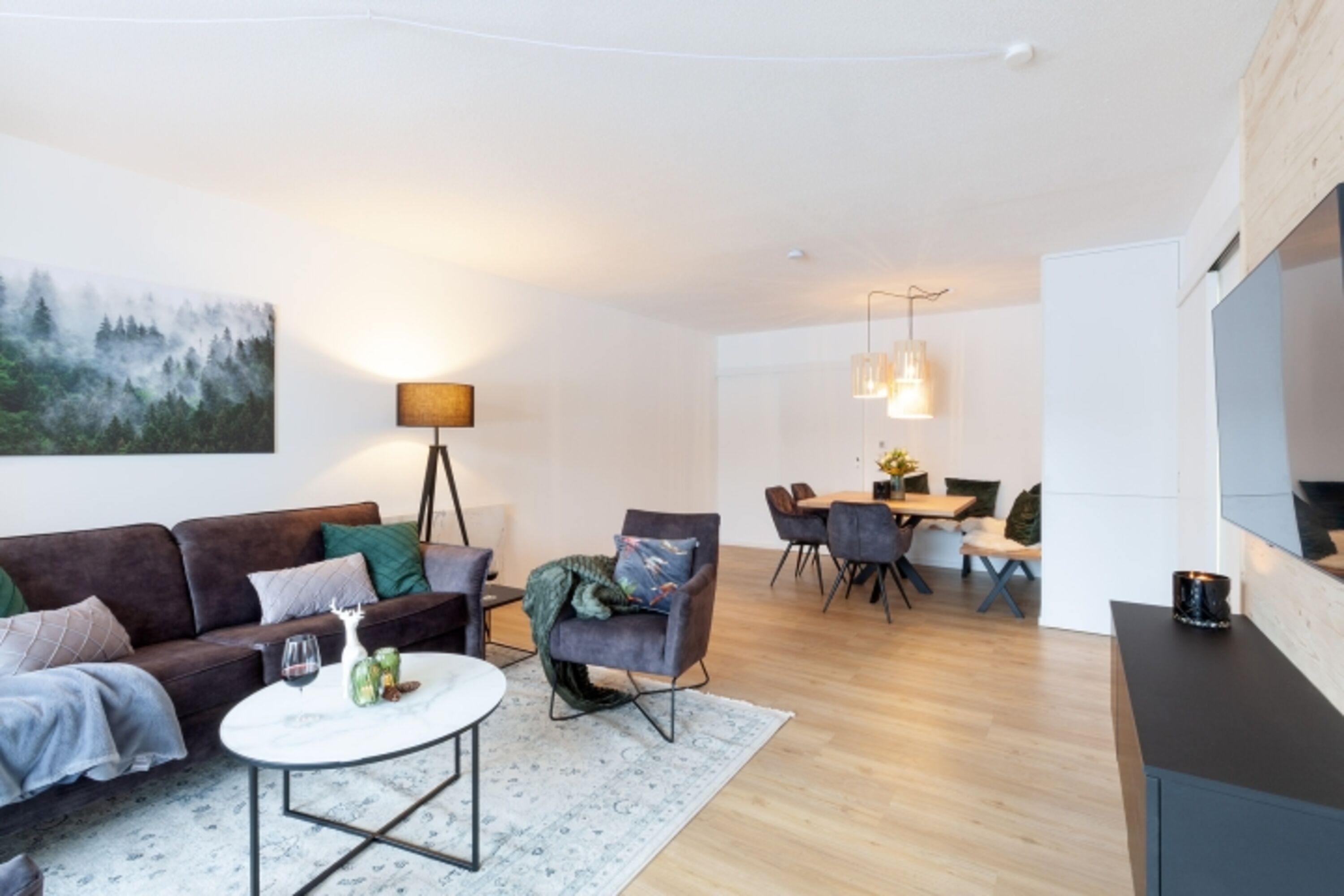 Wohnraum mit Sofa, Sesseln und Essbereich und Smart TV