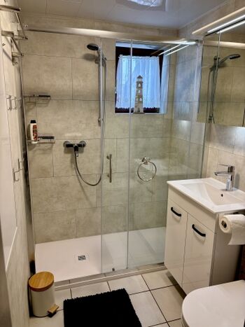 Badezimmer mit großer Dusche, Waschbecken und Toilette