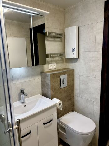 Badezimmer mit großer Dusche, Waschbecken und Toilette