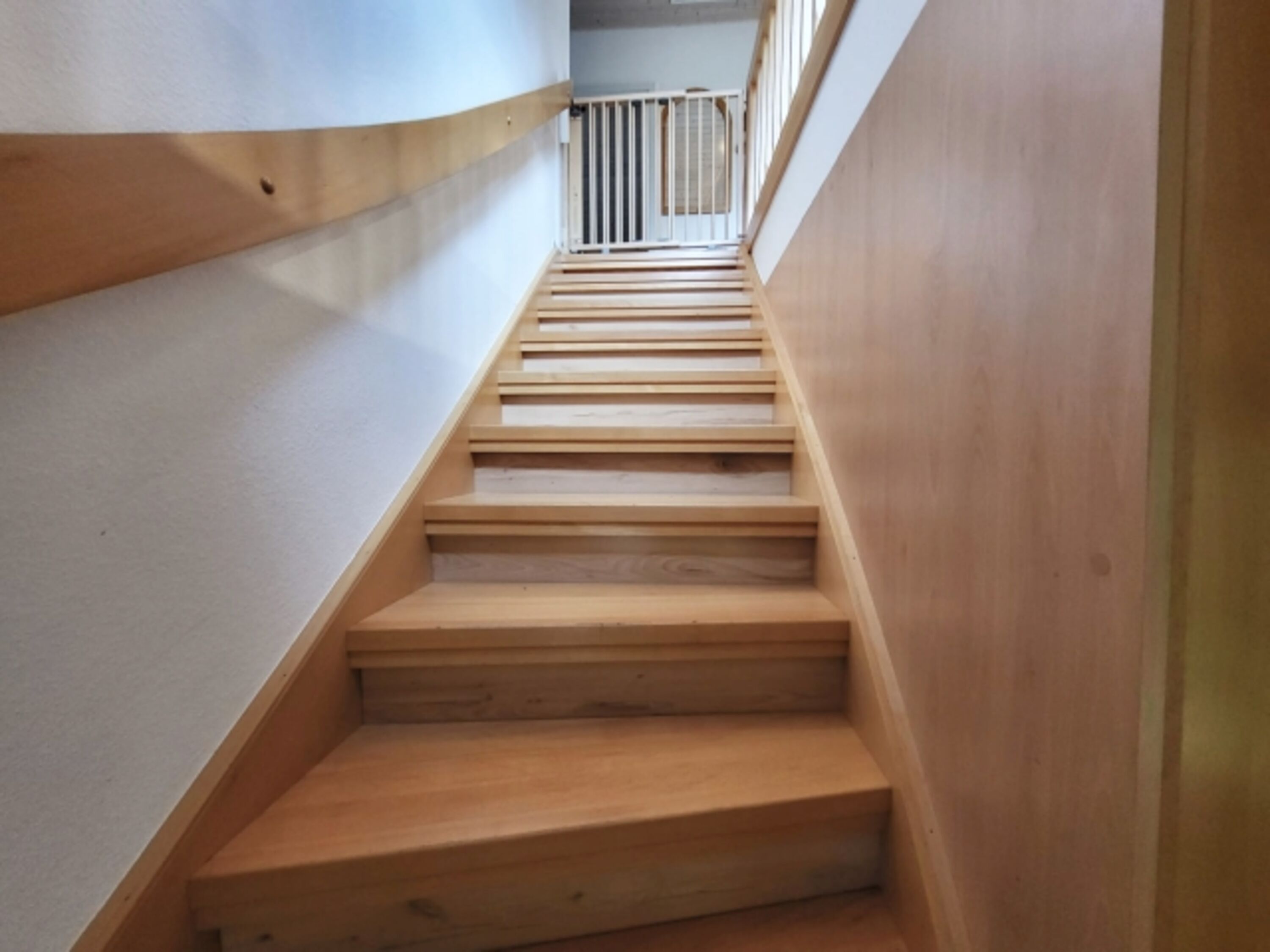 geschlossene Holztreppe mit Treppenschutzgittertür