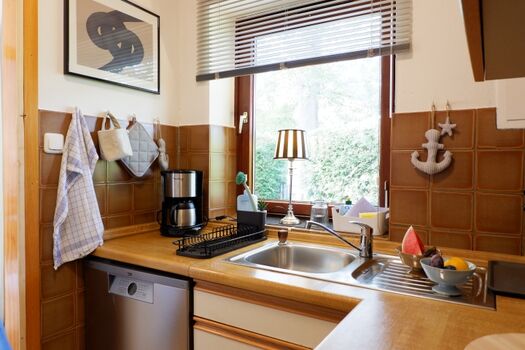 Kompakte Küche, voll ausgestattet (hier: Spüle und Geschirrspüler)