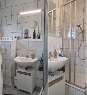 NEU...gestaltetes und elegantes Bad mit LED-Spiegel, Waschbecken und modernen Armaturen.