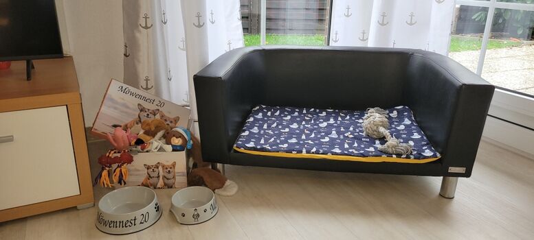 ...Hundesofa, Liegekissen, Näpfe und Hundespielzeug
