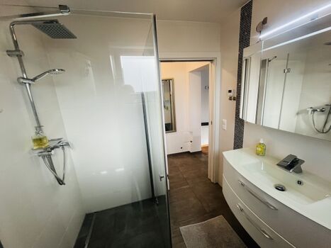 Badezimmer mit Regendusche, viel Stauraum, starker Föhn