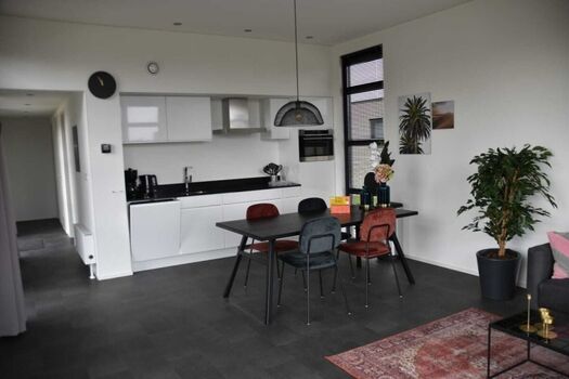 modernes Wohn- und Esszimmer mit Küche