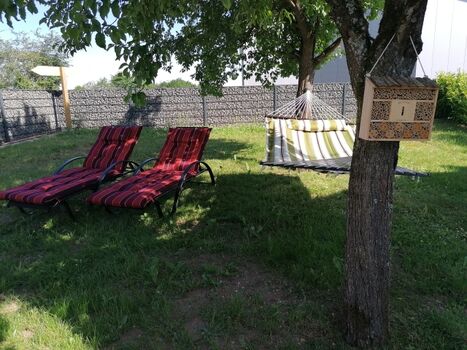 Gemütliche Liegen mit XXL Hängematte im Schatten 
