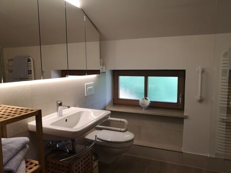 großer Spiegelschrank, Toilette und Waschbecken gegenüber der ebenerdigen Dusche