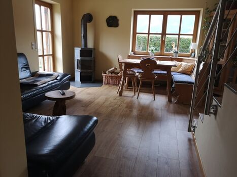 Wohnzimmer mit Kamin und Bergblick