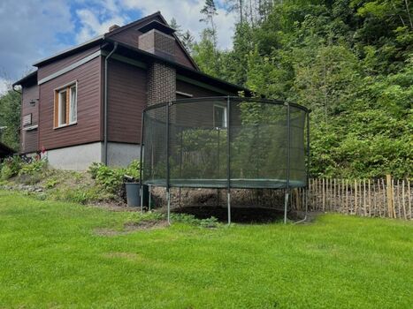 Trampolin im Garten und grüne Wiese 