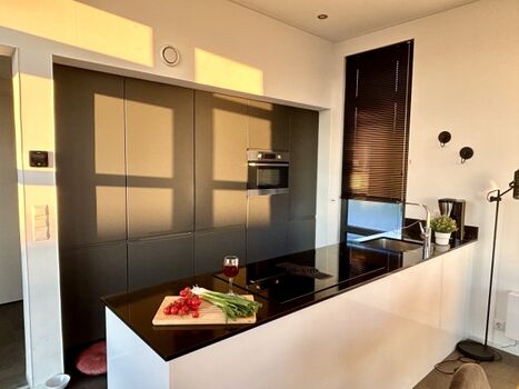 moderne Küchengeräte und Dunstabzug nach unten