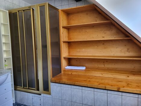 Badezimmer mit Dusche, WC und Waschmaschine