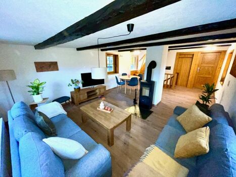 Wohnzimmer mit TV und Ofen