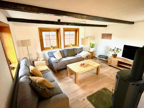 Wohnzimmer mit TV und Ofen