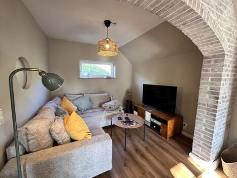 Wohnzimmer mit Sofa und Smart TV