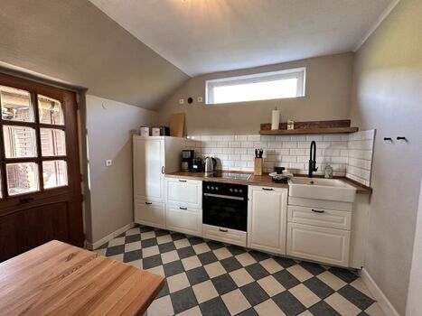 Küche mit Klönschnacktür zur Terrasse und Kamin