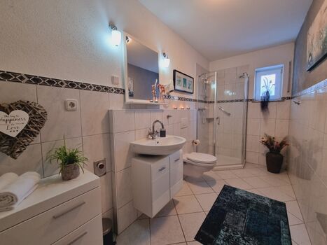 Bad mit Dusche, WC, Waschbecken