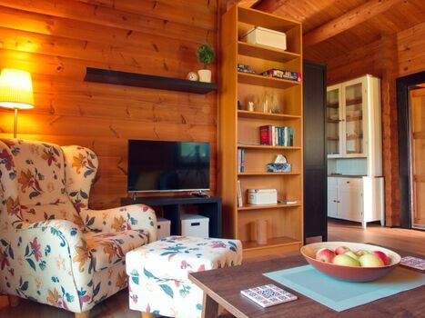 Wohnzimmer mit gemütlichem Ohrensessel, Smart-TV und Bücherregal