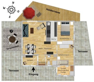 Grundriss mit Terrassen, Technikraum und ungefährer Möbilierung
