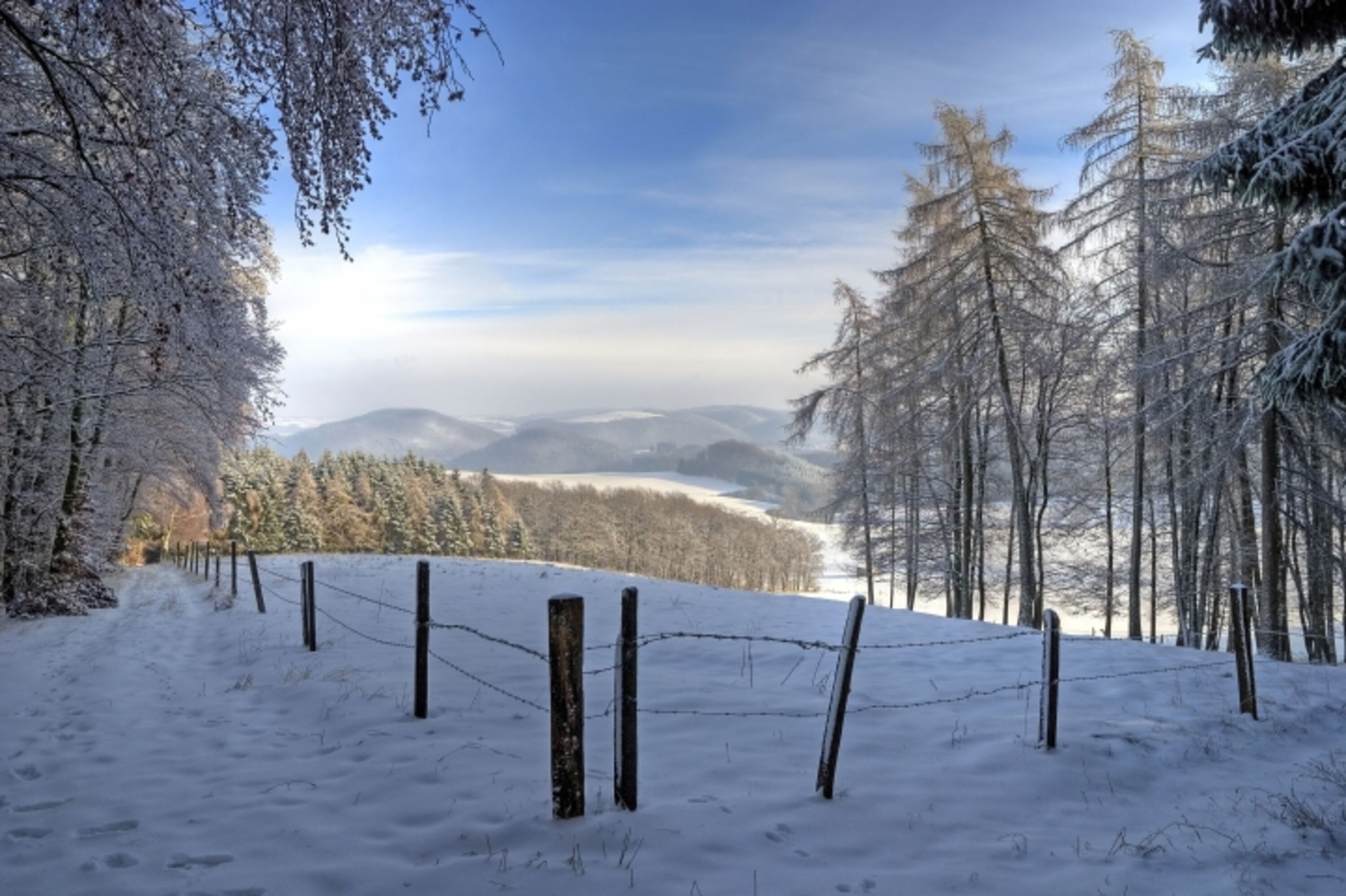 Blick von der Ostseite des Immesberge über die verschneite Landschaft Richtung Benkhausen
