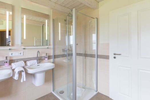 Badezimmer mit Dusche, Wanne und Sauna