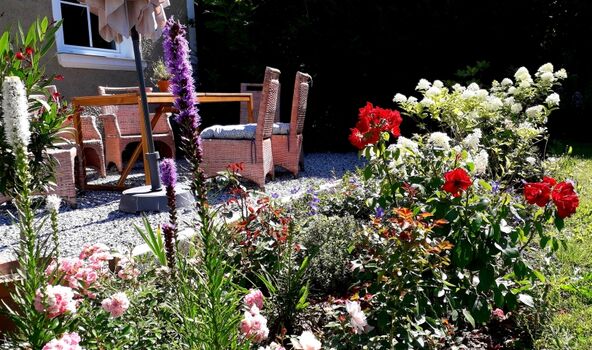 Die Terrasse hinter dem Haus mit Grillplatz