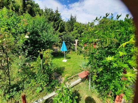Ihr großer und eingezäunter Garten mit Gartenmöbeln und Sonnenschirm