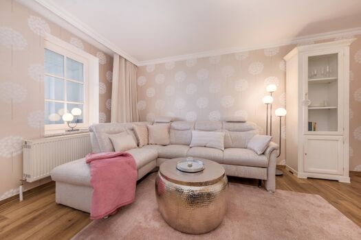 Das komfortable Wohnzimmer mit Schlafcouch.