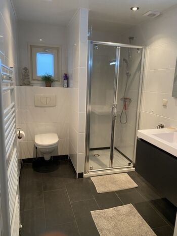 Badezimmer mit Dusche, WC und Waschbecken