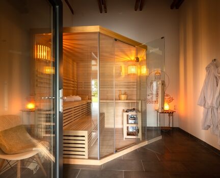 Eigene Sauna - angrenzend an die überdachte Terrasse - die Nutzung ist kostenfrei