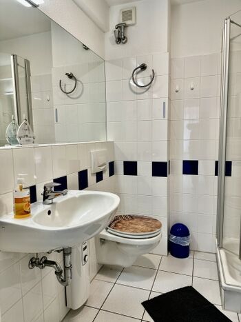 Bad unten inkl. Dusche und großer Spiegel