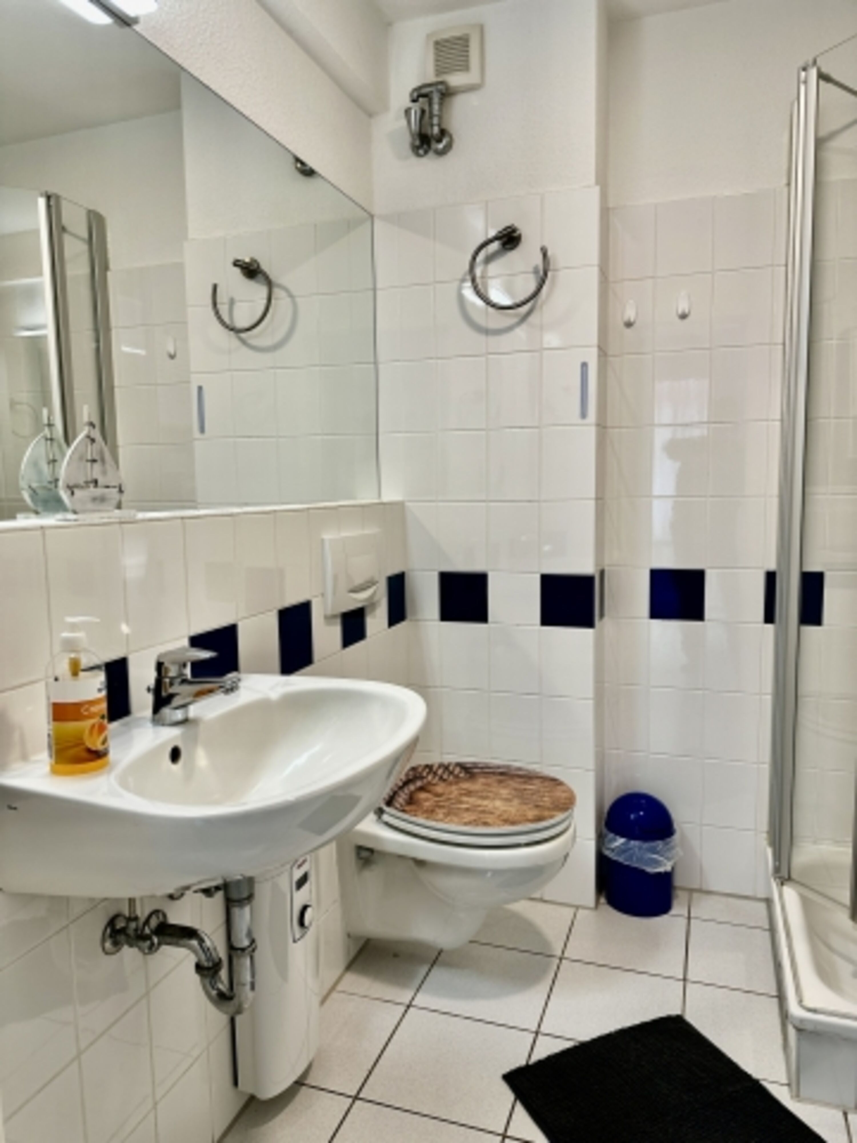 Bad unten inkl. Dusche und großer Spiegel