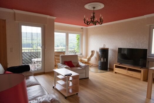 Wohnzimmer mit Ethanolkamin und Smart TV 55