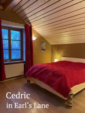 Schlafzimmer mit Holzmöbeln, gemütlicher Beleuchtung, Doppelbett und Lehmputz - Geheimtipp Ferienwohnung im Harz