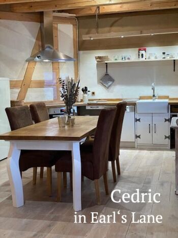 Moderne helle Küche mit Holztisch, Stühlen und Lehm-Fachwerk