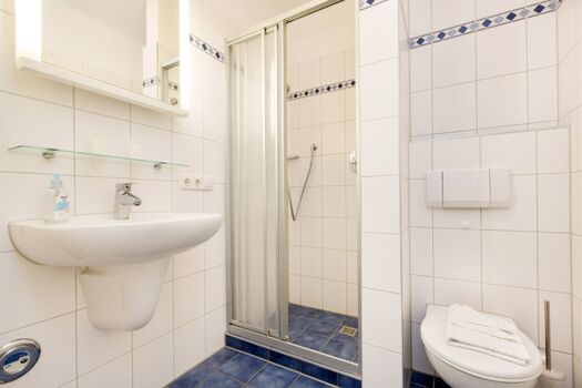 Das Bad mit Dusche und WC.