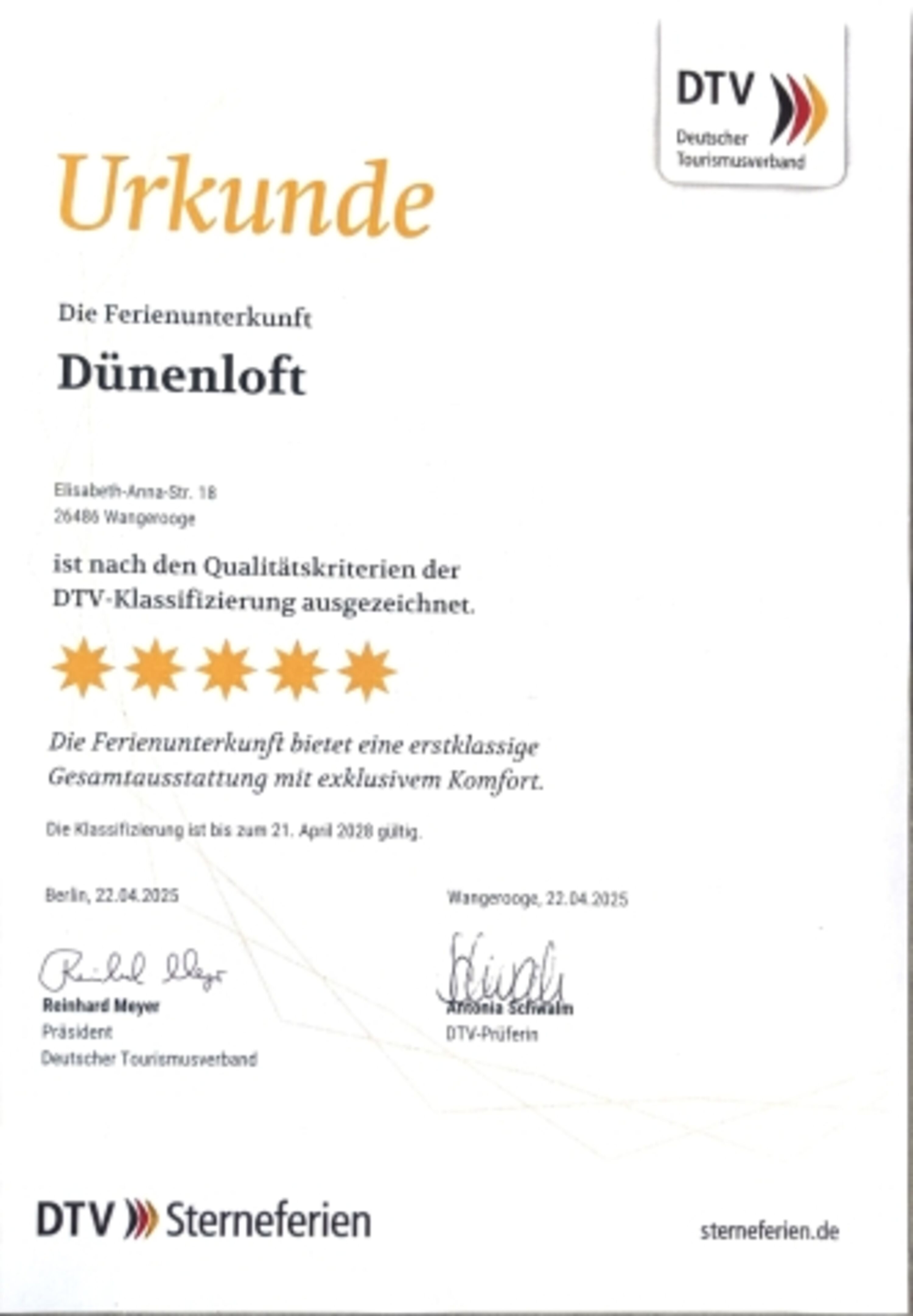5 Sterne Zertifizierung vom DTV