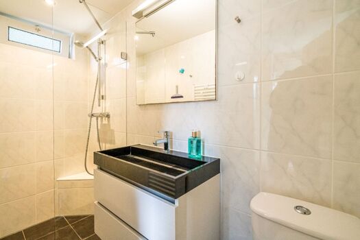 Badezimmer 1 mit Dusche, Waschbecken und Toilette