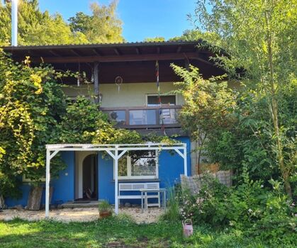 Blick vom Garten auf die Terasse mit Kiwi Pergola