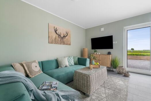 Wohnbereich mit TV und Zugang zur Terrasse