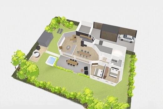 Grundriss Erdgeschoss mit Garten, Saunahaus, Whirlpool und Terrasse