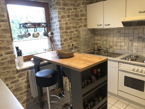 Küche mit Blick in den( Ur ) Wald direkt hinterm Haus