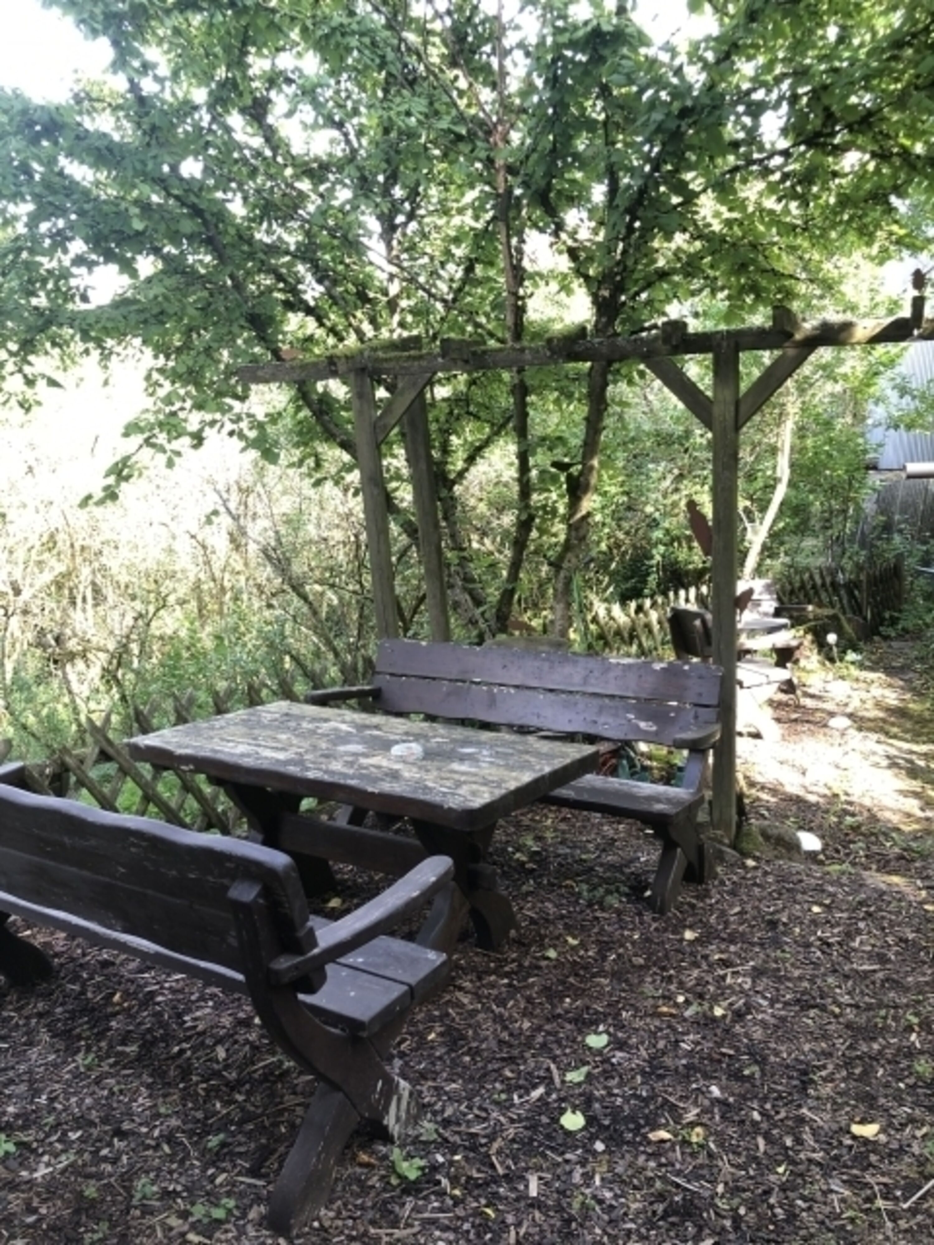 Sitzgruppe aus Holz mit idyllischen Blick in den Wald