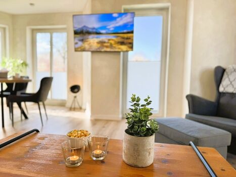 Gemütlicher Wohnbereich mit Couch, Holzofen, TV