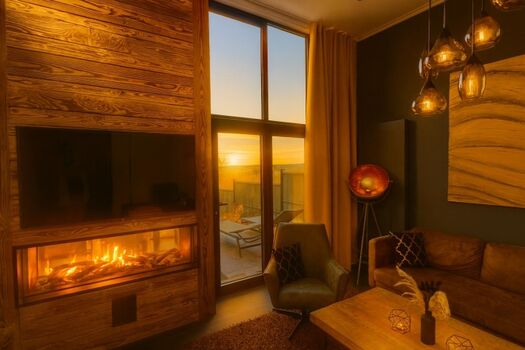 Wohnzimmer mit Kamin und TV , toller Ausblick ins Naturschutzgebiet