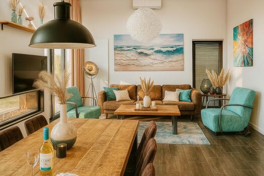 modernes großes Wohnzimmer mit Kamin und hellen Fenstern