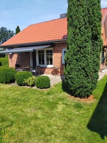 Blick auf die Terrasse mit Markise