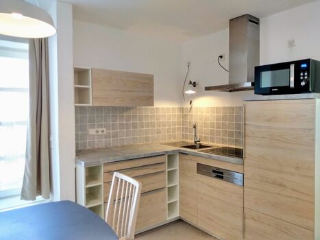 Die gut ausgestattete Küche (untere Wohnung)