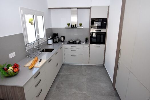Modernste, komplett eingerichtete offene Einbauküche (Kühl-Gefrierkombination, Spülmaschine, Backofen