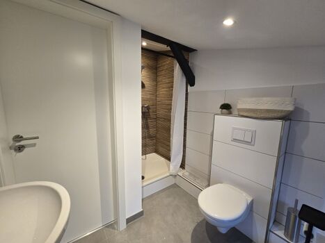 Bad mit Dusche, Waschbecken und Waschmaschine