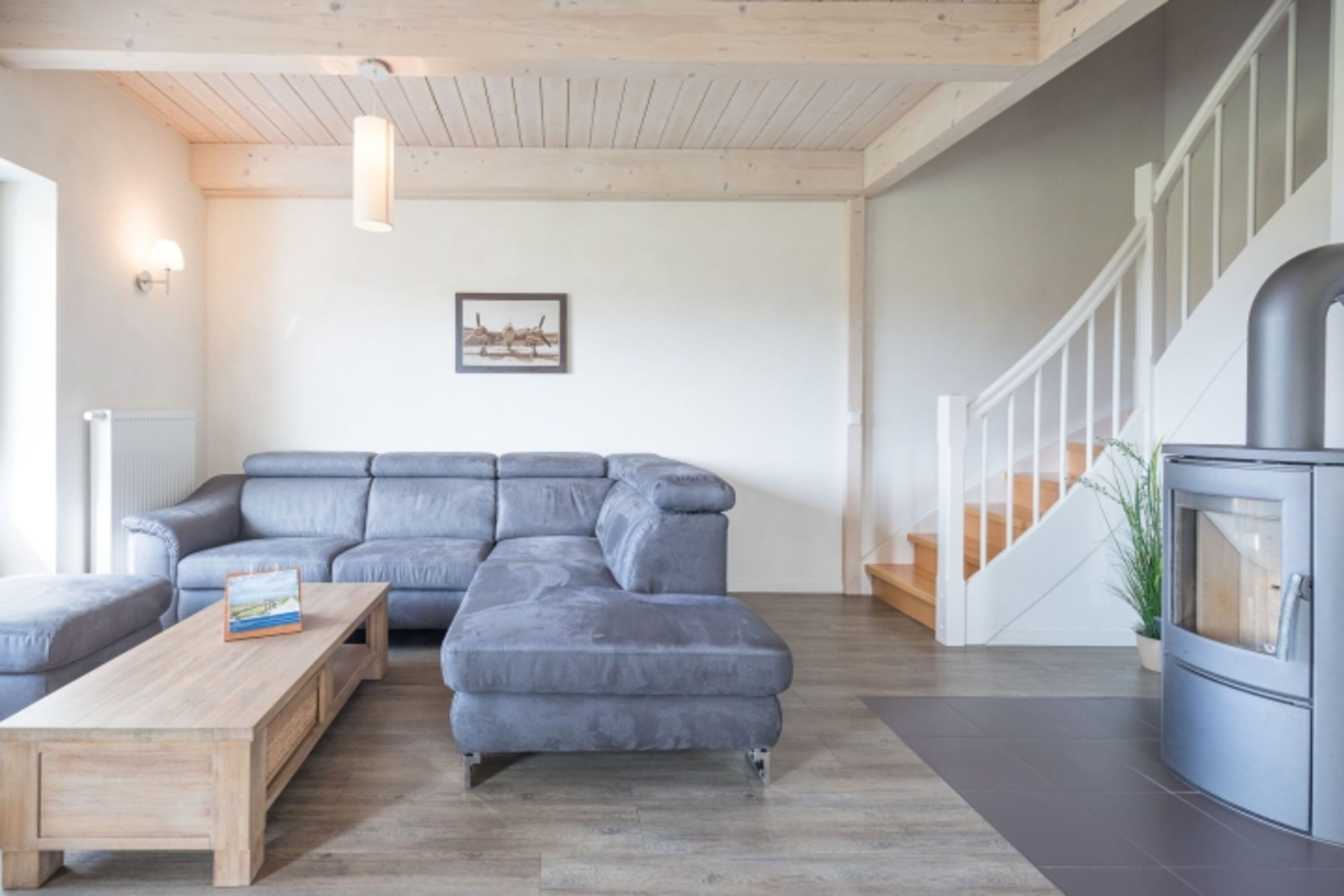Ferienhaus Basstölpel - Helles Wohnzimmer mit Kamin für entspannte Abende 